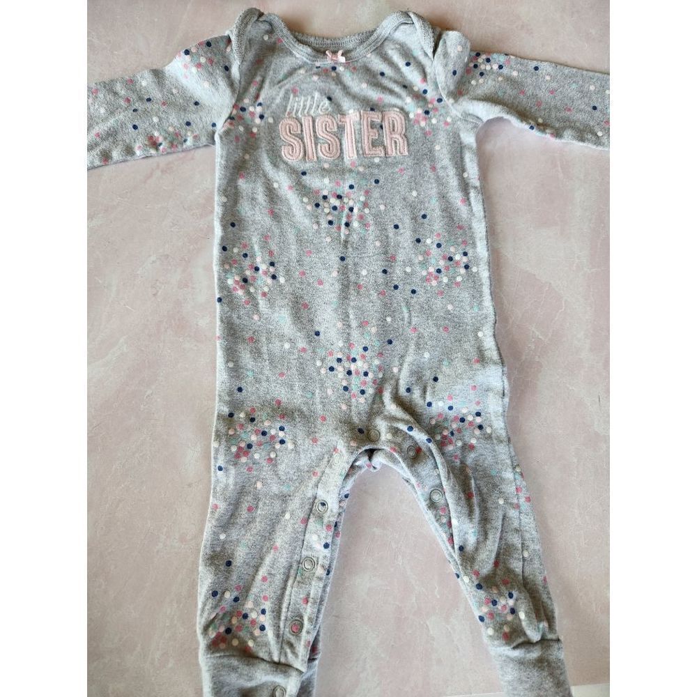 Carters 12 month baby girl little sister long sleeve bodysuit grey confetti polk